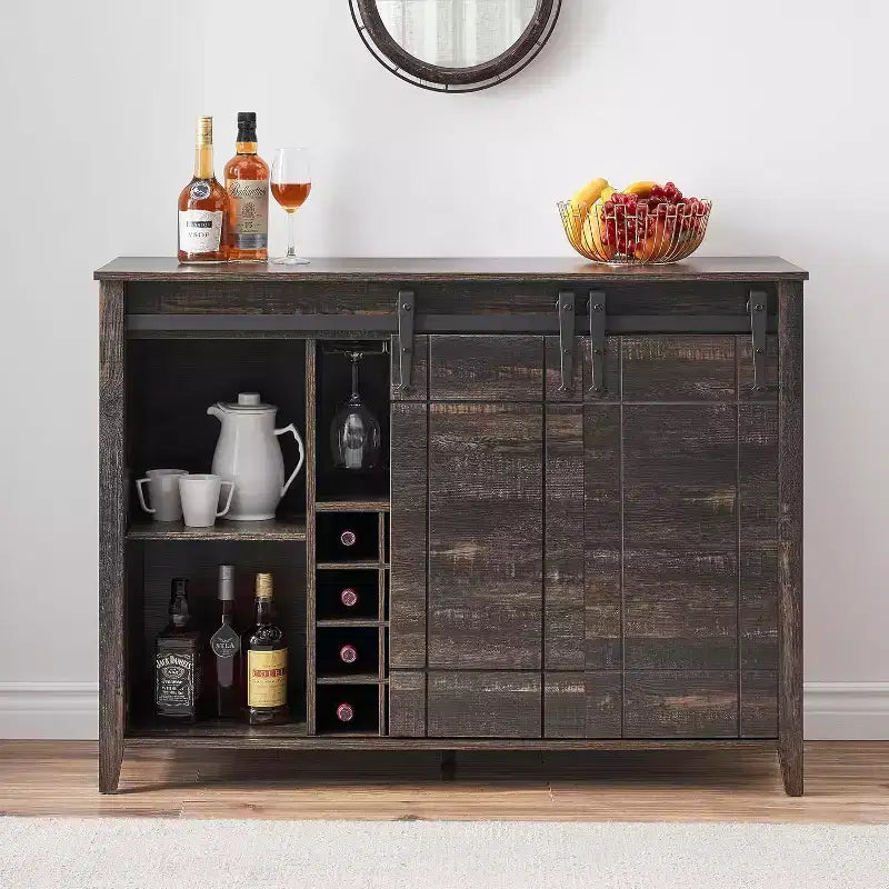 Meuble de Bar à Vin en Bois de 47" avec Porte Coulissante, Meuble Moderne pour Alcool, Whisky, Café avec Casier à Vin et Porte-Verres