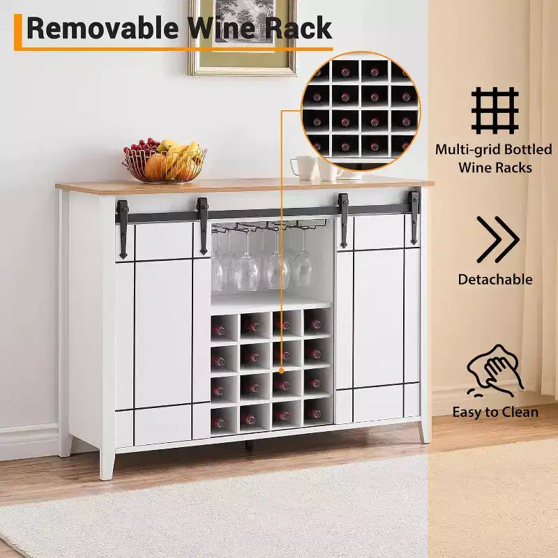Meuble de Bar à Vin en Bois de 47" avec Porte Coulissante, Meuble Moderne pour Alcool, Whisky, Café avec Casier à Vin et Porte-Verres
