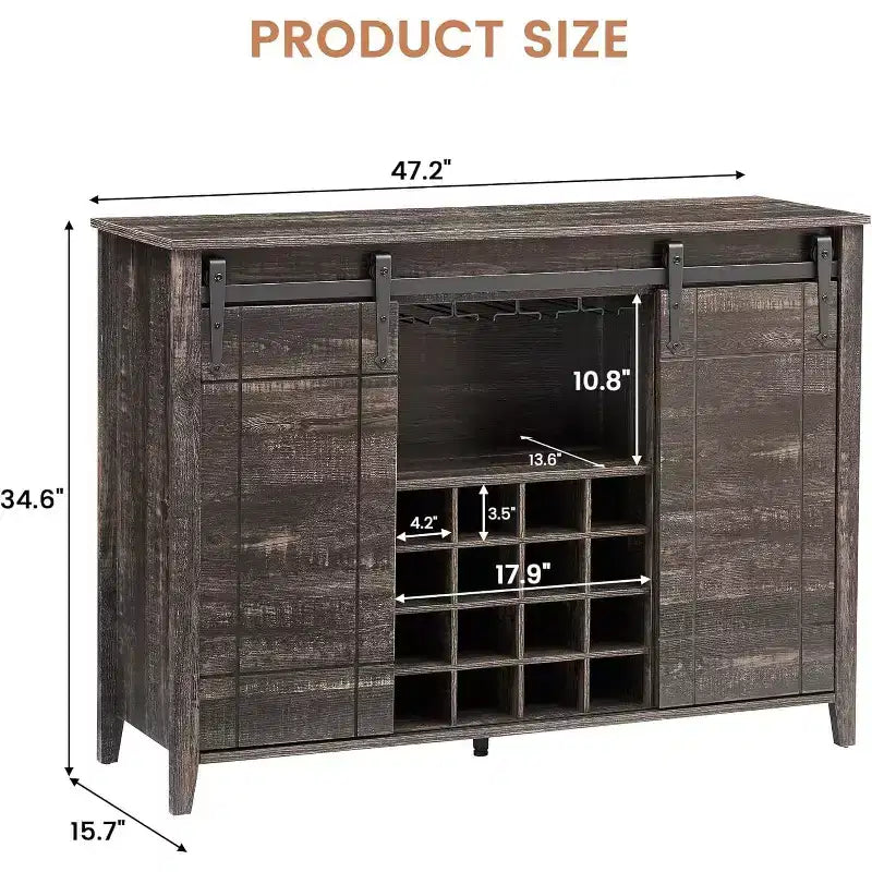 Meuble de Bar à Vin en Bois de 47" avec Porte Coulissante, Meuble Moderne pour Alcool, Whisky, Café avec Casier à Vin et Porte-Verres