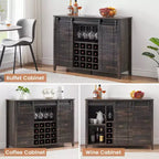 Meuble de Bar à Vin en Bois de 47" avec Porte Coulissante, Meuble Moderne pour Alcool, Whisky, Café avec Casier à Vin et Porte-Verres