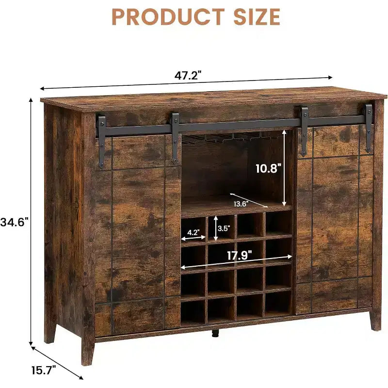 Meuble de Bar à Vin en Bois de 47" avec Porte Coulissante, Meuble Moderne pour Alcool, Whisky, Café avec Casier à Vin et Porte-Verres