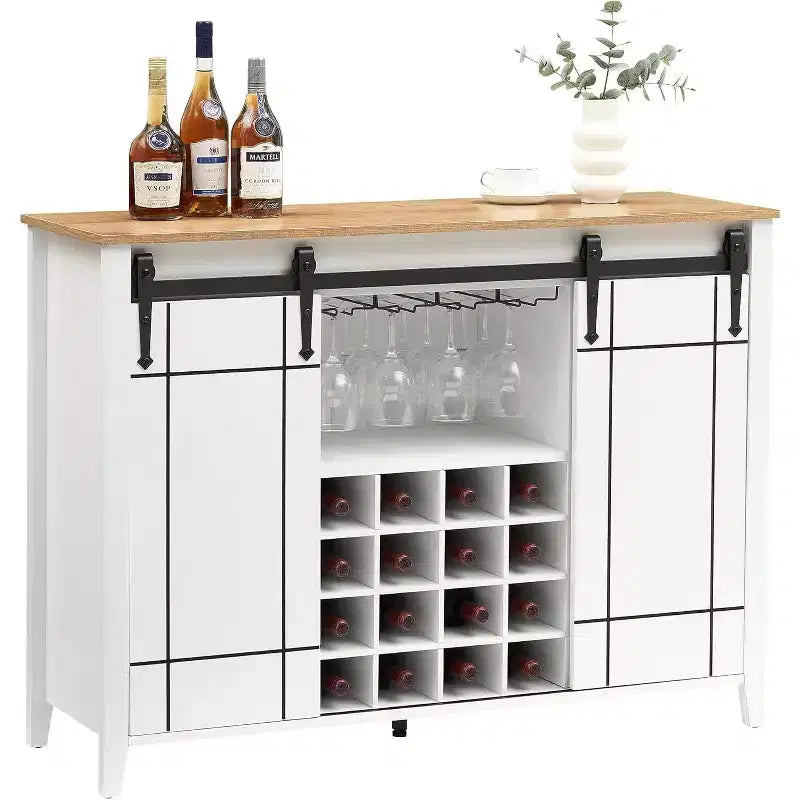 Meuble de Bar à Vin en Bois de 47" avec Porte Coulissante, Meuble Moderne pour Alcool, Whisky, Café avec Casier à Vin et Porte-Verres
