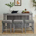 Ensemble de table à manger et de tabourets de bar Okak 4 pièces de style ferme pour cuisine, salle à manger, ensemble de table de petit-déjeuner en bois massif avec prise de courant