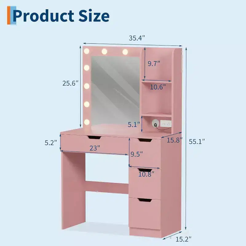 Coiffeuse avec miroir, Table de maquillage moderne avec 4 tiroirs et 3 étagères de rangement pour chambre à coucher, dressing, vestiaire