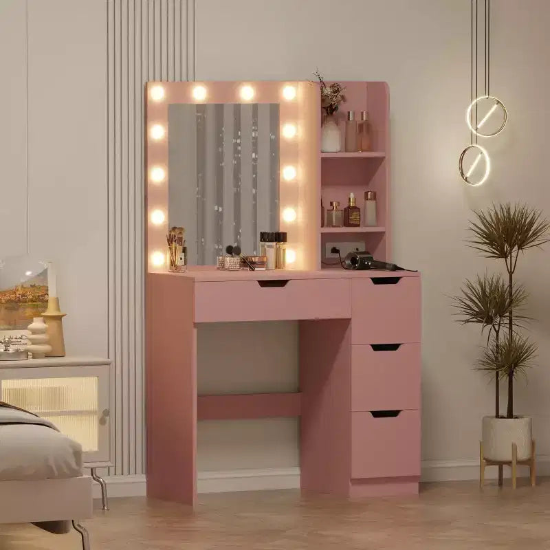 Coiffeuse avec miroir, Table de maquillage moderne avec 4 tiroirs et 3 étagères de rangement pour chambre à coucher, dressing, vestiaire