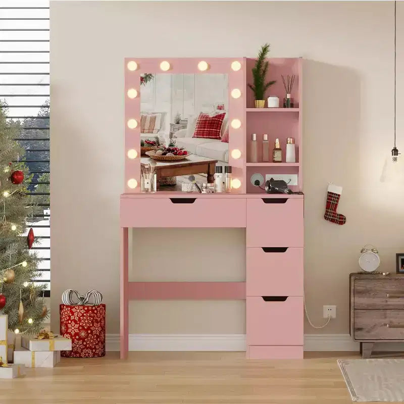 Coiffeuse avec miroir, Table de maquillage moderne avec 4 tiroirs et 3 étagères de rangement pour chambre à coucher, dressing, vestiaire