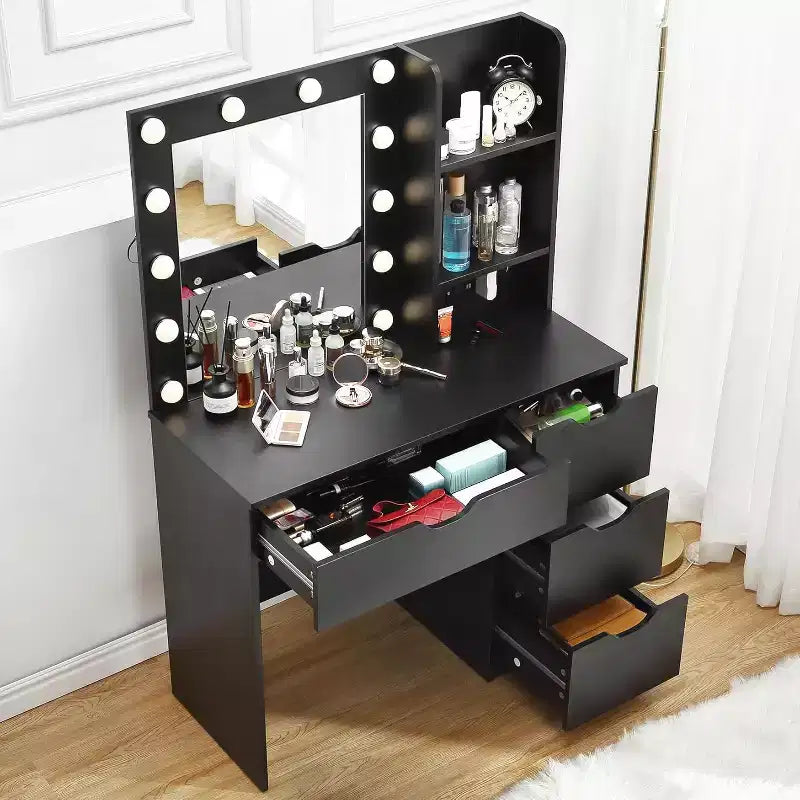 Coiffeuse avec miroir, Table de maquillage moderne avec 4 tiroirs et 3 étagères de rangement pour chambre à coucher, dressing, vestiaire