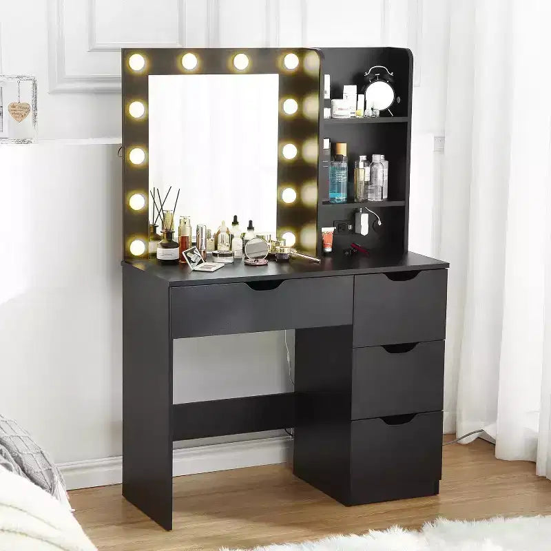 Coiffeuse avec miroir, Table de maquillage moderne avec 4 tiroirs et 3 étagères de rangement pour chambre à coucher, dressing, vestiaire