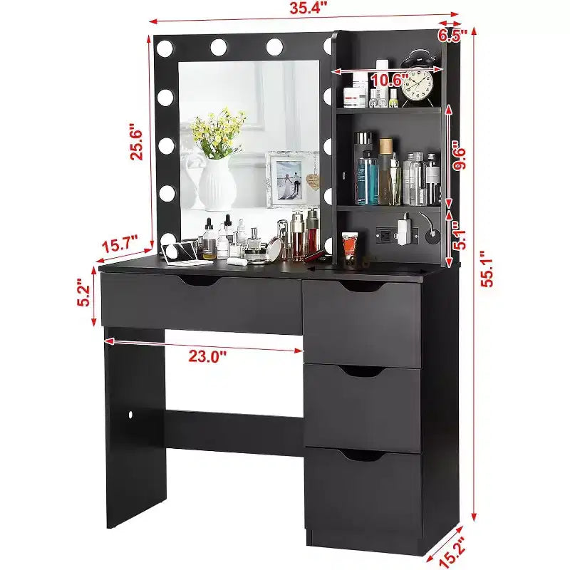 Coiffeuse avec miroir, Table de maquillage moderne avec 4 tiroirs et 3 étagères de rangement pour chambre à coucher, dressing, vestiaire