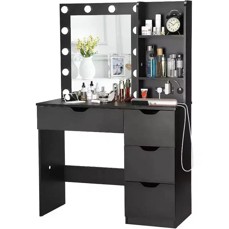 Coiffeuse avec miroir, Table de maquillage moderne avec 4 tiroirs et 3 étagères de rangement pour chambre à coucher, dressing, vestiaire