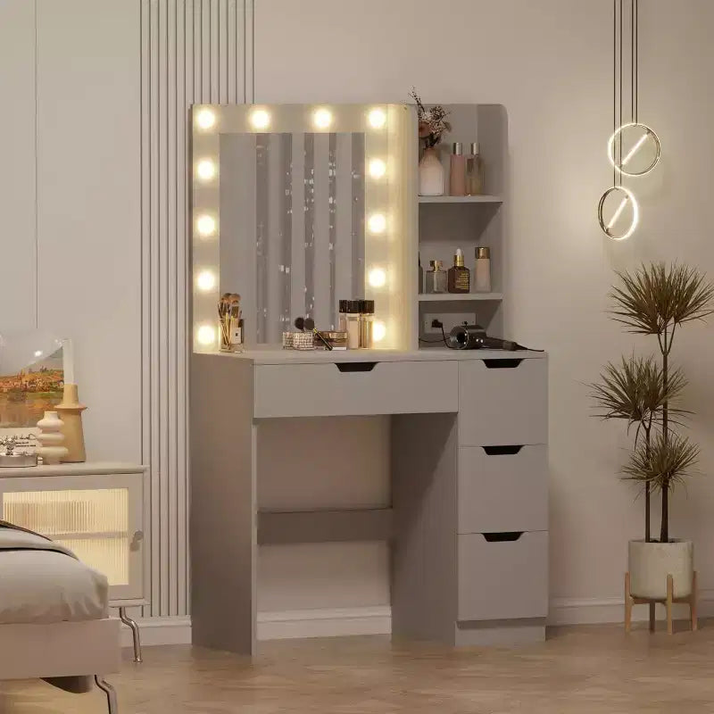 Coiffeuse avec miroir, Table de maquillage moderne avec 4 tiroirs et 3 étagères de rangement pour chambre à coucher, dressing, vestiaire
