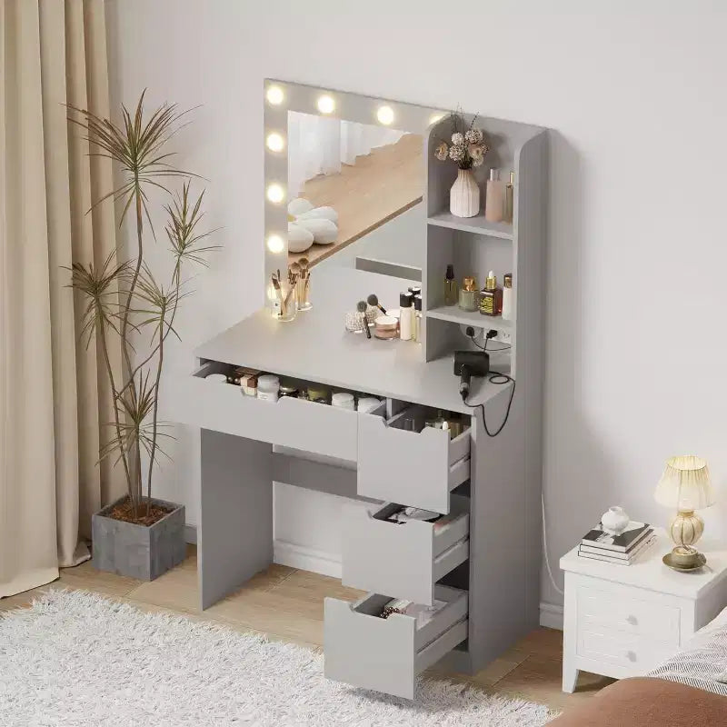 Coiffeuse avec miroir, Table de maquillage moderne avec 4 tiroirs et 3 étagères de rangement pour chambre à coucher, dressing, vestiaire