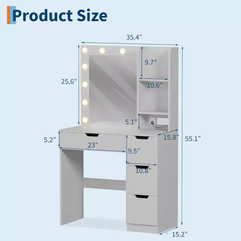 Coiffeuse avec miroir, Table de maquillage moderne avec 4 tiroirs et 3 étagères de rangement pour chambre à coucher, dressing, vestiaire