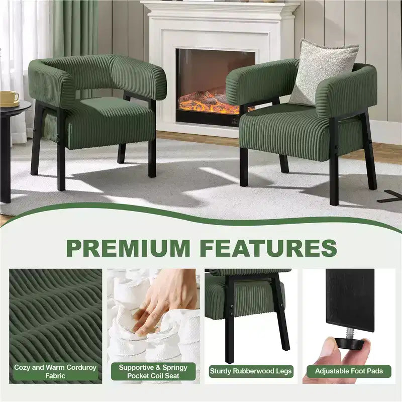 Yaheetech Lot de 2 fauteuils d'appoint ronds en velours côtelé avec pieds en bois massif, assise à ressorts ensachés pour salon, chambre