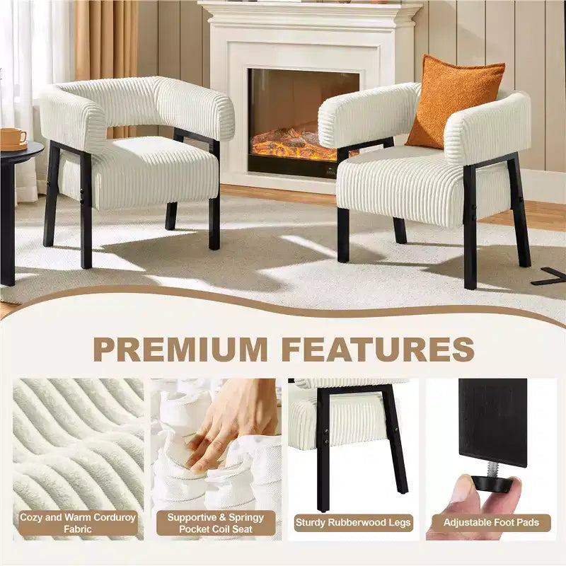 Yaheetech Lot de 2 fauteuils d'appoint ronds en velours côtelé avec pieds en bois massif, assise à ressorts ensachés pour salon, chambre