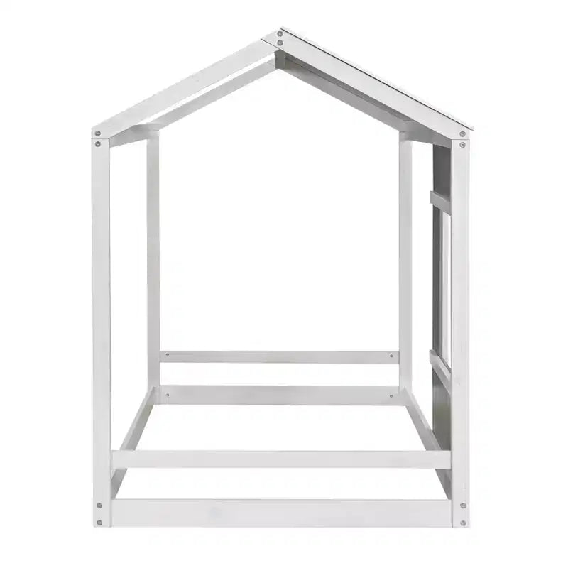 Lit plateforme Bellemave double pour enfant avec toit et fenêtre, cadre en bois massif, design moderne de maisonnette, blanc et gris antique, montage facile
