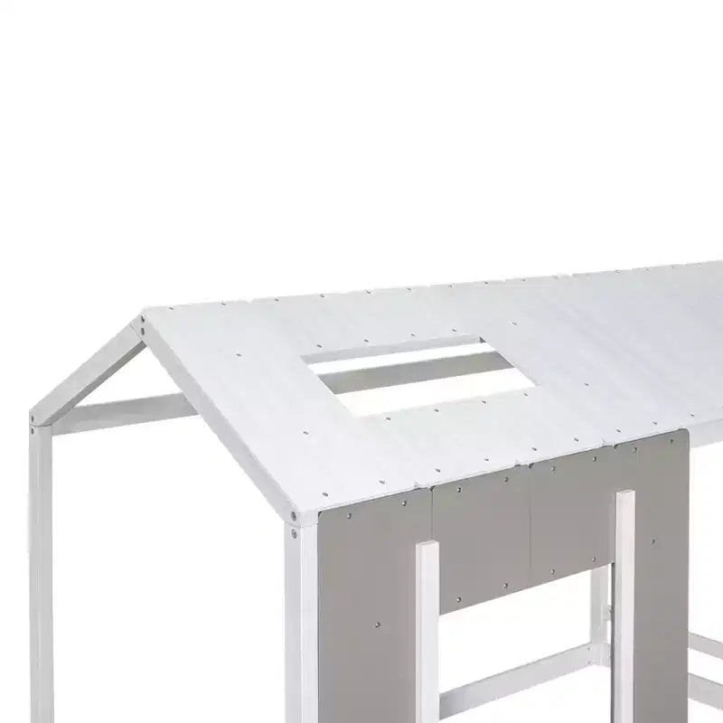 Lit plateforme Bellemave double pour enfant avec toit et fenêtre, cadre en bois massif, design moderne de maisonnette, blanc et gris antique, montage facile