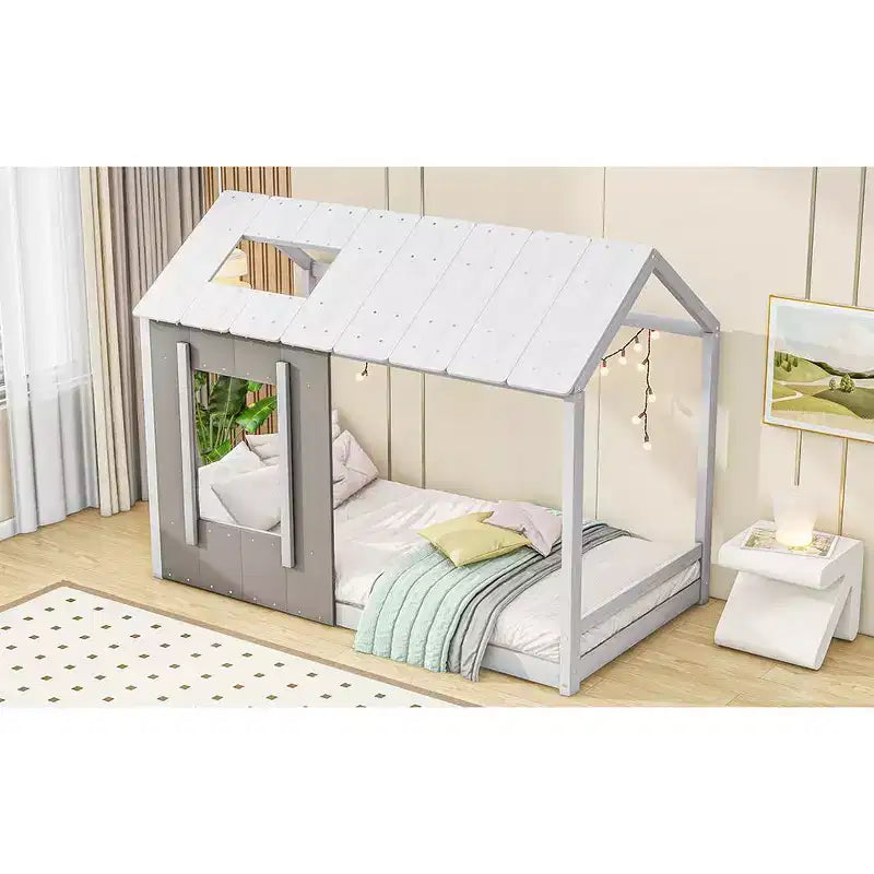 Lit plateforme Bellemave double pour enfant avec toit et fenêtre, cadre en bois massif, design moderne de maisonnette, blanc et gris antique, montage facile
