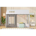 Lit plateforme Bellemave double pour enfant avec toit et fenêtre, cadre en bois massif, design moderne de maisonnette, blanc et gris antique, montage facile