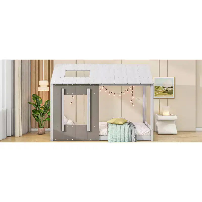 Lit plateforme Bellemave double pour enfant avec toit et fenêtre, cadre en bois massif, design moderne de maisonnette, blanc et gris antique, montage facile