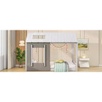 Lit plateforme Bellemave double pour enfant avec toit et fenêtre, cadre en bois massif, design moderne de maisonnette, blanc et gris antique, montage facile