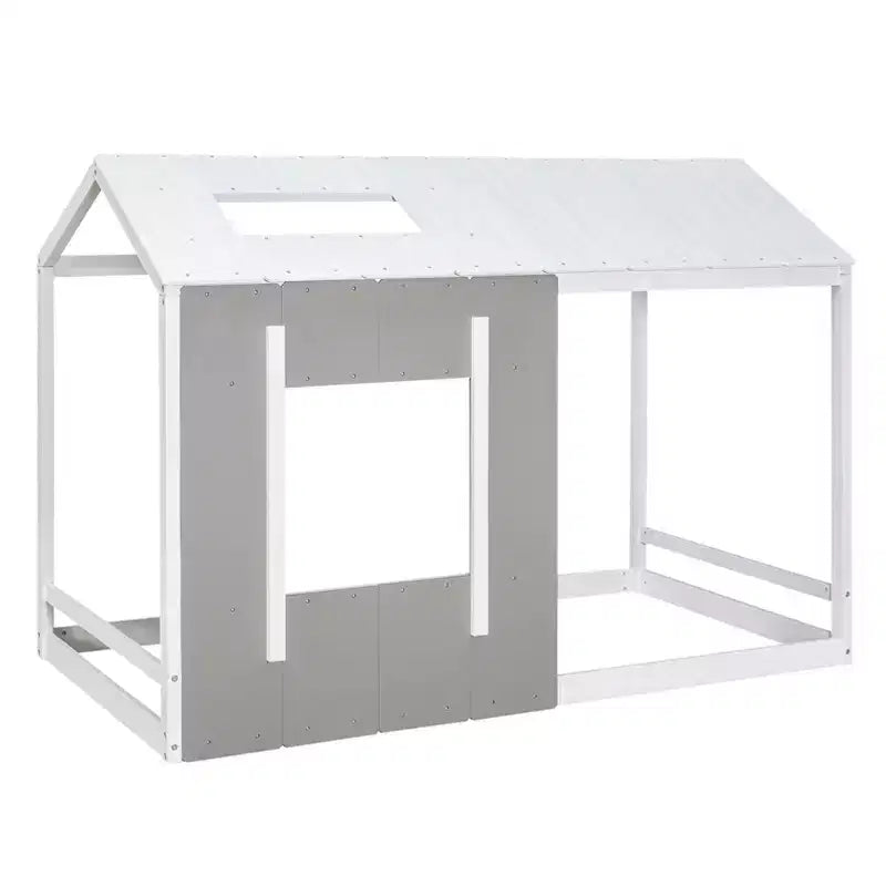 Lit plateforme Bellemave double pour enfant avec toit et fenêtre, cadre en bois massif, design moderne de maisonnette, blanc et gris antique, montage facile