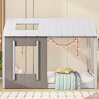 Lit plateforme Bellemave double pour enfant avec toit et fenêtre, cadre en bois massif, design moderne de maisonnette, blanc et gris antique, montage facile