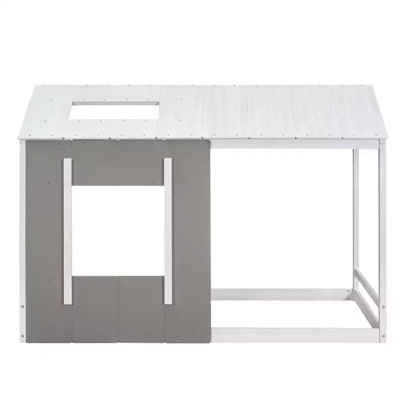 Lit plateforme Bellemave double pour enfant avec toit et fenêtre, cadre en bois massif, design moderne de maisonnette, blanc et gris antique, montage facile