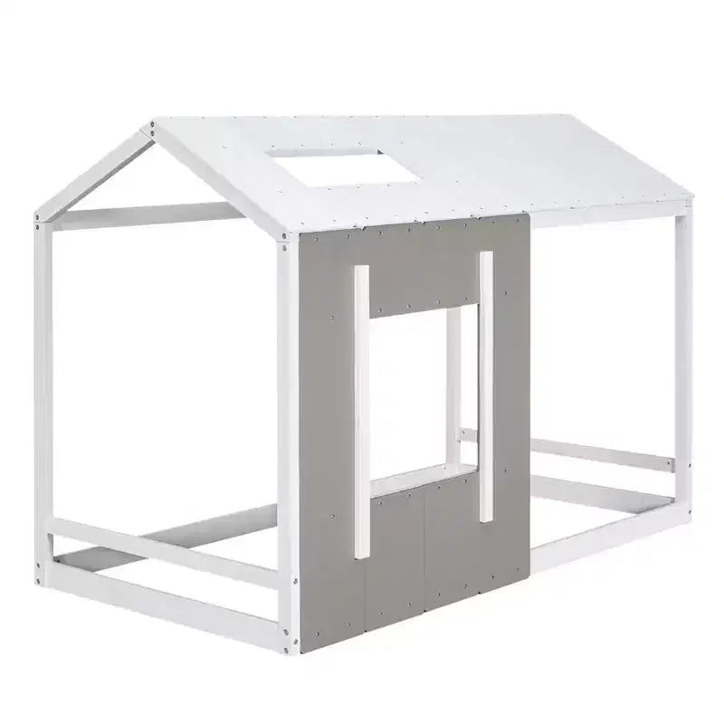 Lit plateforme Bellemave double pour enfant avec toit et fenêtre, cadre en bois massif, design moderne de maisonnette, blanc et gris antique, montage facile