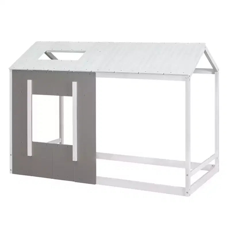 Lit plateforme Bellemave double pour enfant avec toit et fenêtre, cadre en bois massif, design moderne de maisonnette, blanc et gris antique, montage facile