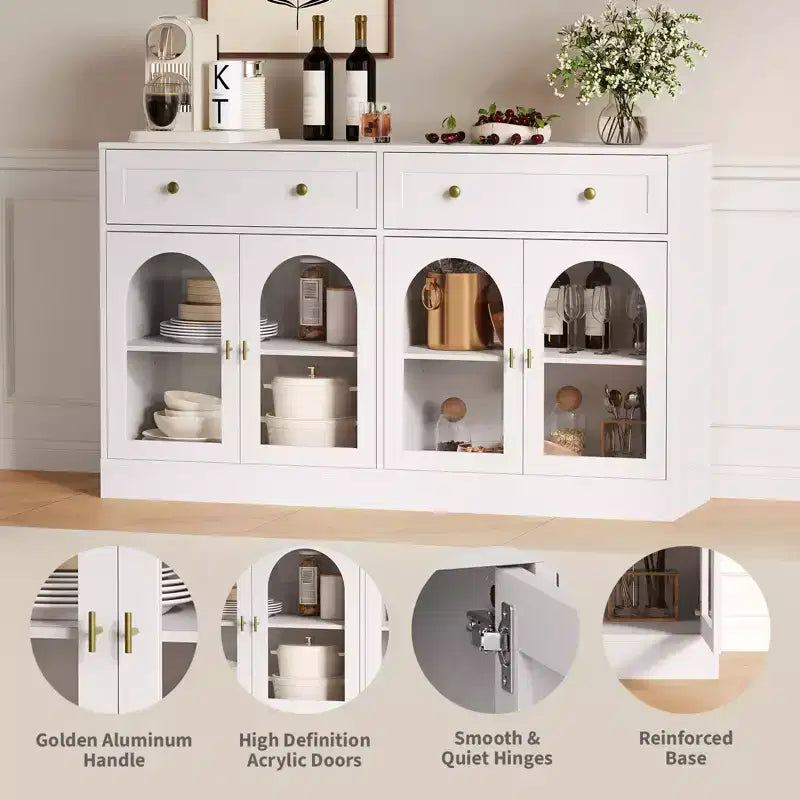 Bahut de cuisine en bois avec 4 portes en acrylique et 2 tiroirs pour salle à manger, salon
