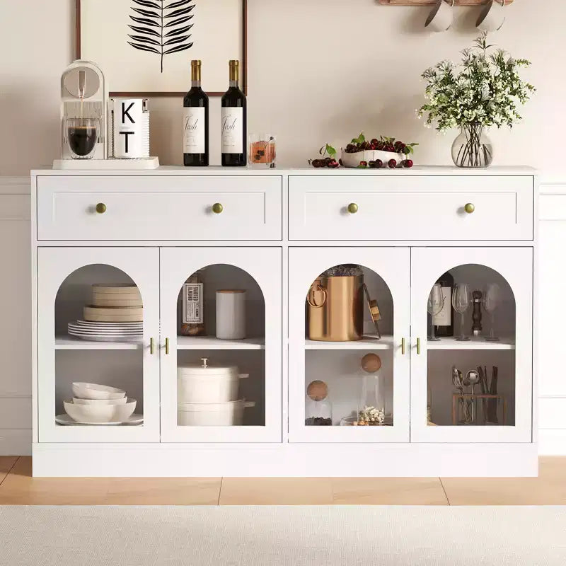 Bahut de cuisine en bois avec 4 portes en acrylique et 2 tiroirs pour salle à manger, salon