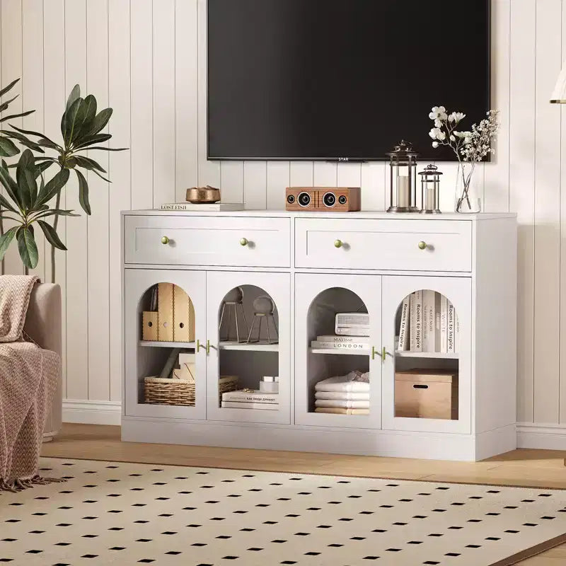 Bahut de cuisine en bois avec 4 portes en acrylique et 2 tiroirs pour salle à manger, salon