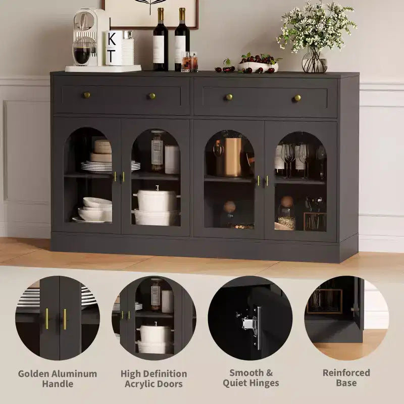 Bahut de cuisine en bois avec 4 portes en acrylique et 2 tiroirs pour salle à manger, salon