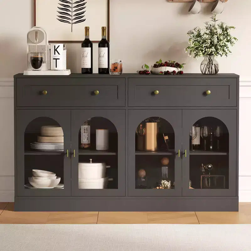 Bahut de cuisine en bois avec 4 portes en acrylique et 2 tiroirs pour salle à manger, salon