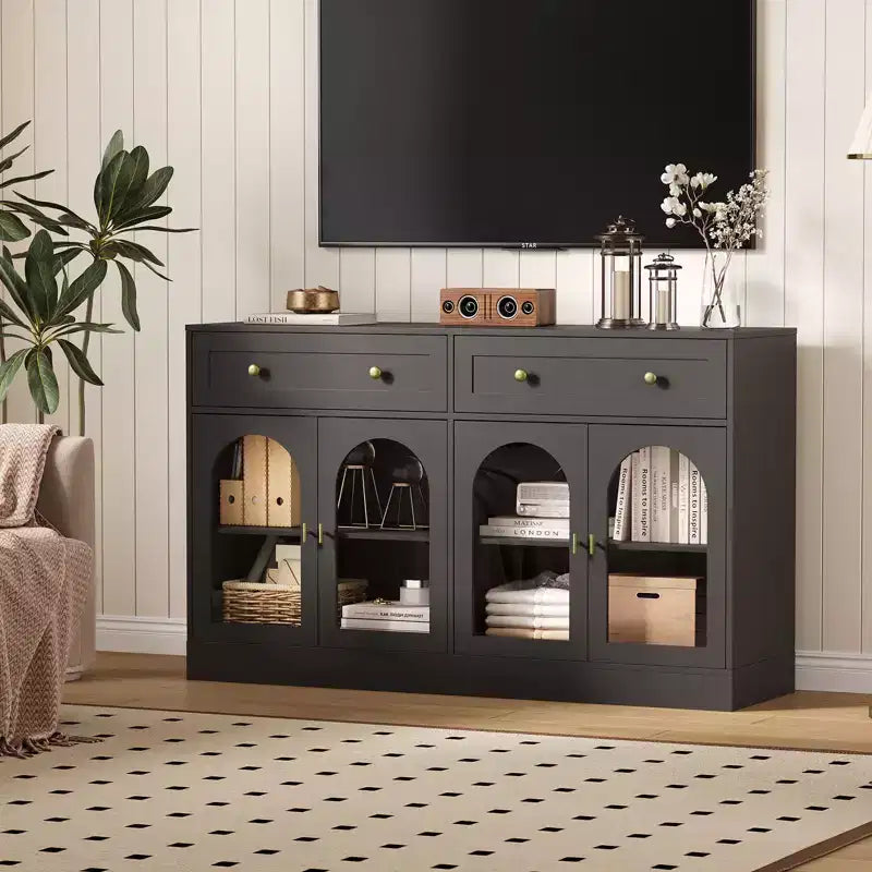 Bahut de cuisine en bois avec 4 portes en acrylique et 2 tiroirs pour salle à manger, salon