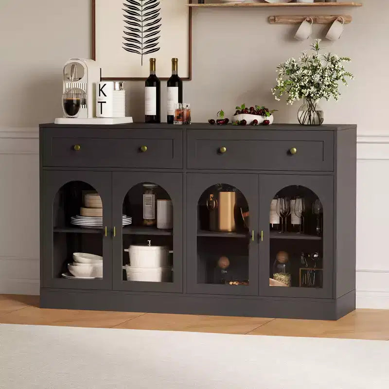 Bahut de cuisine en bois avec 4 portes en acrylique et 2 tiroirs pour salle à manger, salon