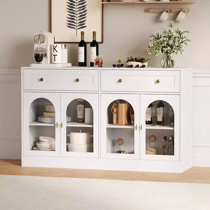 Bahut de cuisine en bois avec 4 portes en acrylique et 2 tiroirs pour salle à manger, salon