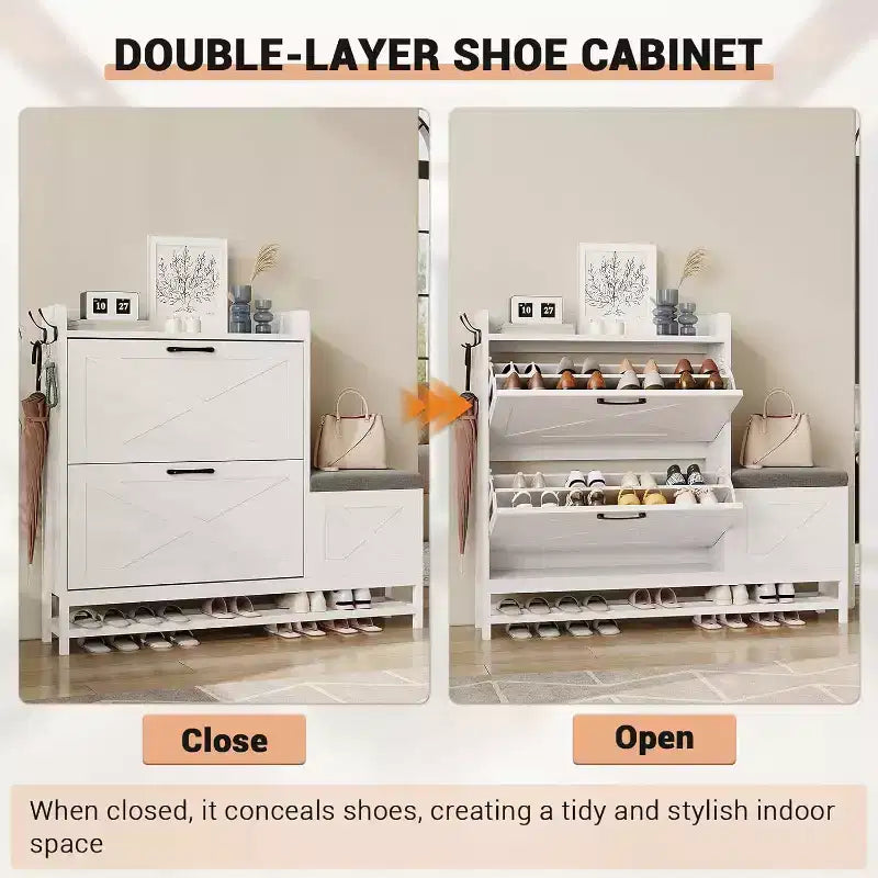 Meuble à chaussures avec 2 tiroirs basculants et coussin d'assise rembourré, Étagère à chaussures étroite pour entrée