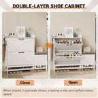 Meuble à chaussures avec 2 tiroirs basculants et coussin d'assise rembourré, Étagère à chaussures étroite pour entrée
