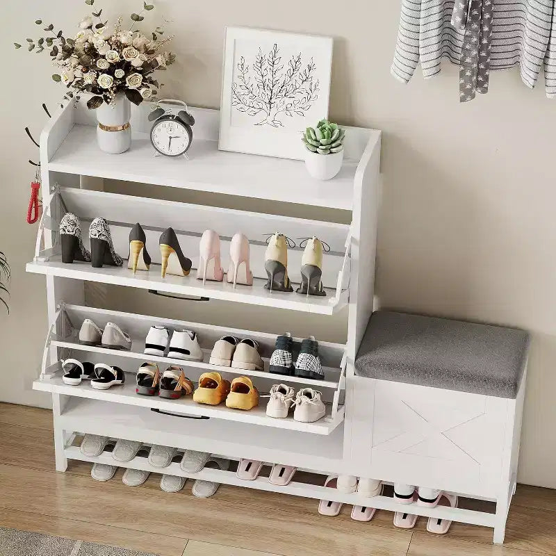Meuble à chaussures avec 2 tiroirs basculants et coussin d'assise rembourré, Étagère à chaussures étroite pour entrée