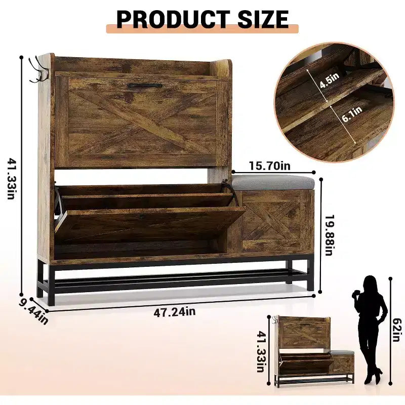 Meuble à chaussures avec 2 tiroirs basculants et coussin d'assise rembourré, Étagère à chaussures étroite pour entrée
