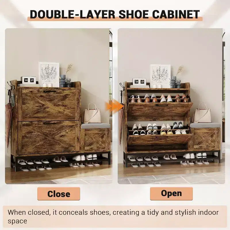 Meuble à chaussures avec 2 tiroirs basculants et coussin d'assise rembourré, Étagère à chaussures étroite pour entrée