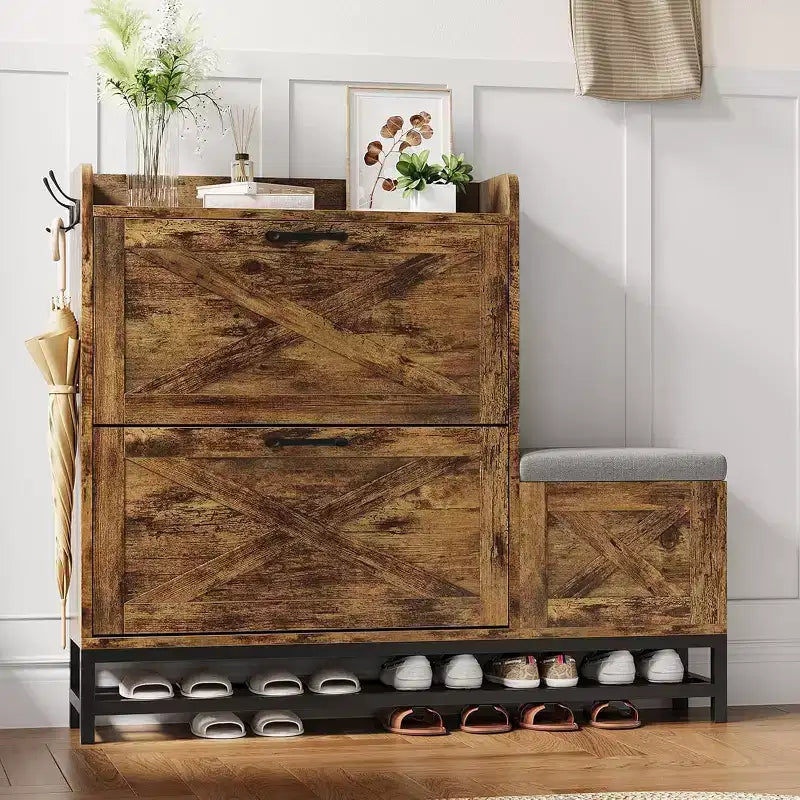 Meuble à chaussures avec 2 tiroirs basculants et coussin d'assise rembourré, Étagère à chaussures étroite pour entrée