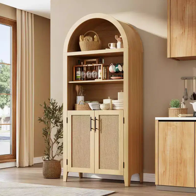 Bibliothèque en rotin arquée, étagère noire arquée avec portes, bibliothèque incurvée en bois, bibliothèque haute à 5 niveaux avec dessus rond pour salon