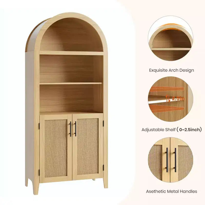 Bibliothèque en rotin arquée, étagère noire arquée avec portes, bibliothèque incurvée en bois, bibliothèque haute à 5 niveaux avec dessus rond pour salon