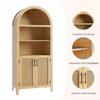 Bibliothèque en rotin arquée, étagère noire arquée avec portes, bibliothèque incurvée en bois, bibliothèque haute à 5 niveaux avec dessus rond pour salon
