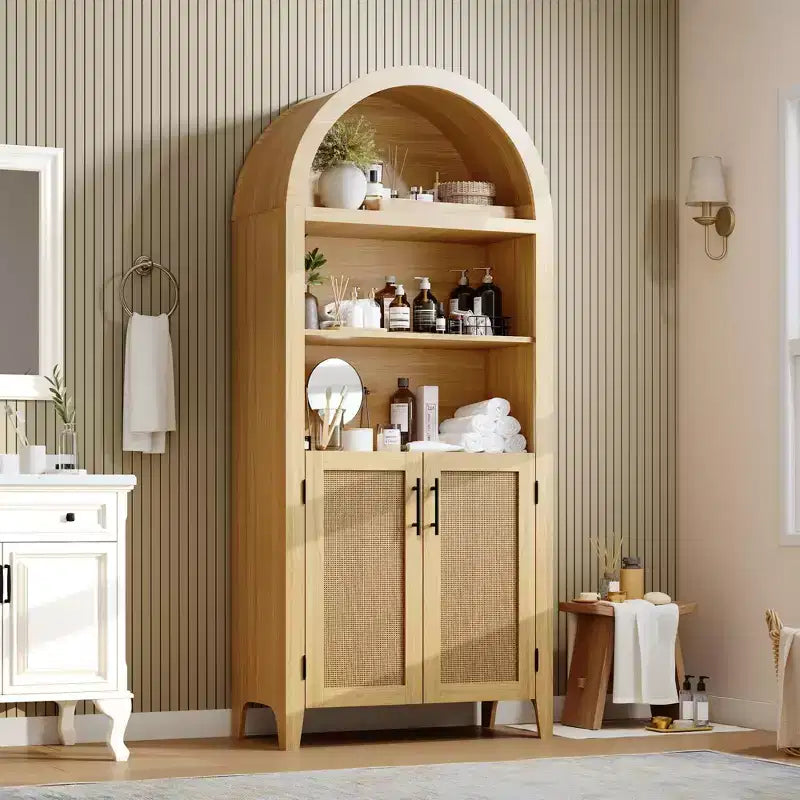 Bibliothèque en rotin arquée, étagère noire arquée avec portes, bibliothèque incurvée en bois, bibliothèque haute à 5 niveaux avec dessus rond pour salon