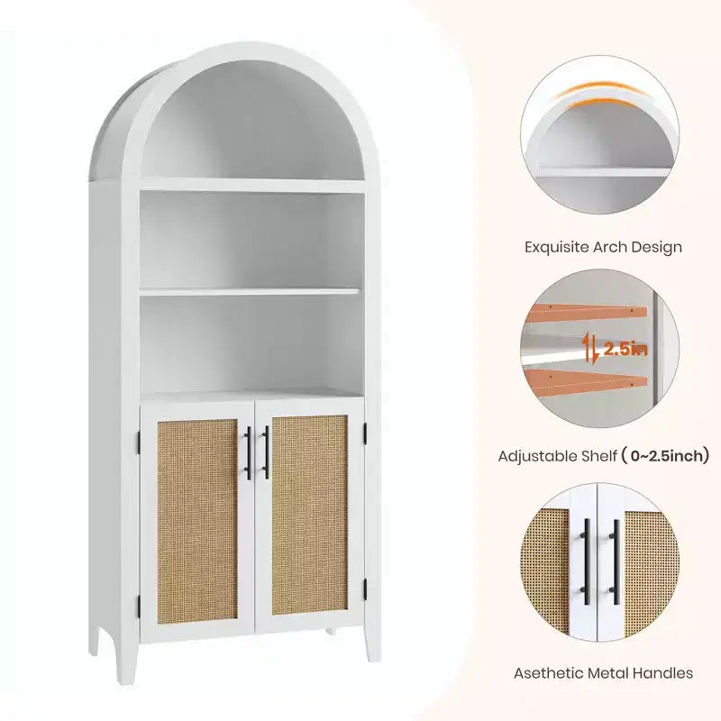 Bibliothèque en rotin arquée, étagère noire arquée avec portes, bibliothèque incurvée en bois, bibliothèque haute à 5 niveaux avec dessus rond pour salon