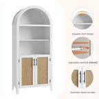 Bibliothèque en rotin arquée, étagère noire arquée avec portes, bibliothèque incurvée en bois, bibliothèque haute à 5 niveaux avec dessus rond pour salon